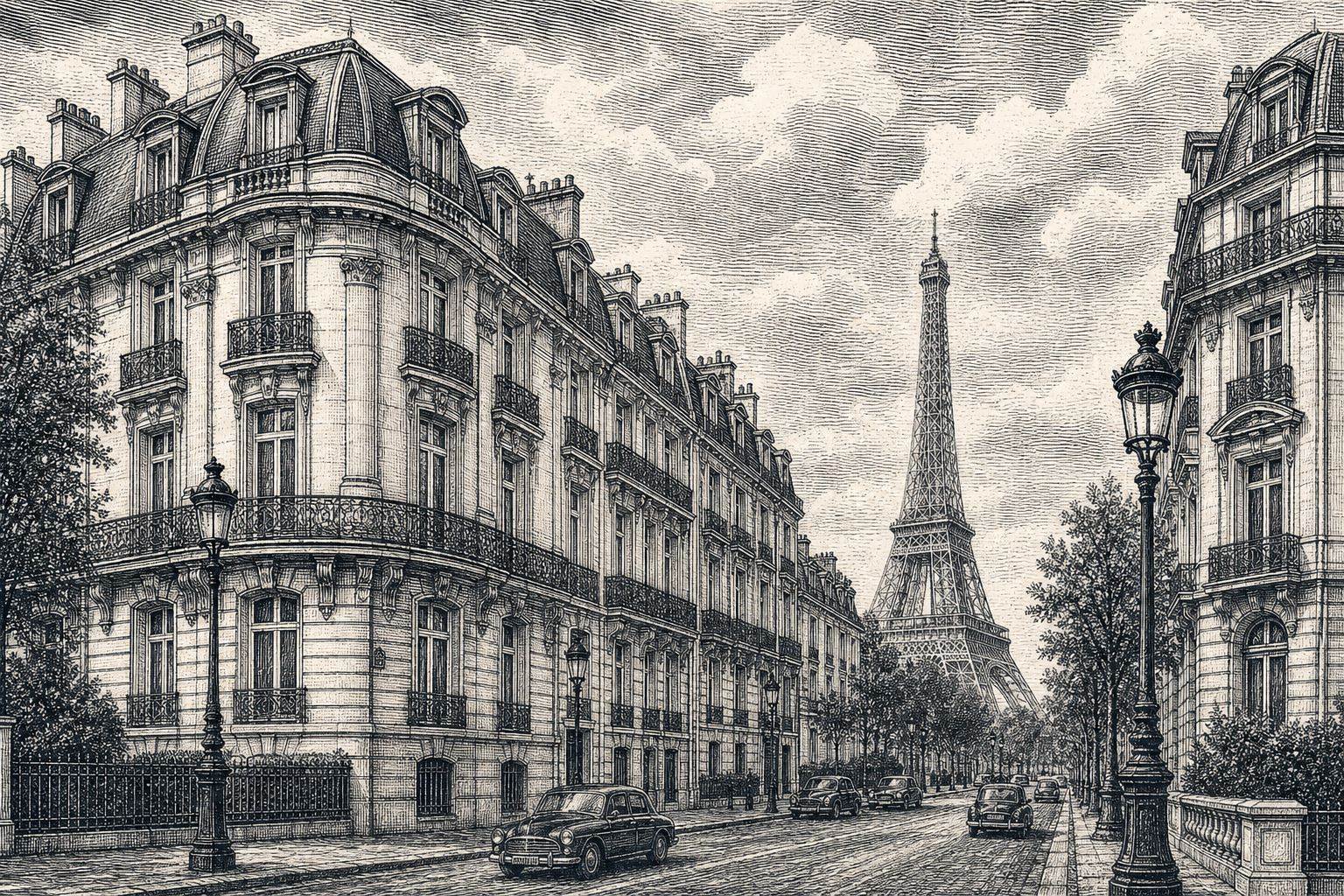 Engraved illustration of the Parisian Triangle d'Or, Haussmann façades of the 8th arrondissement